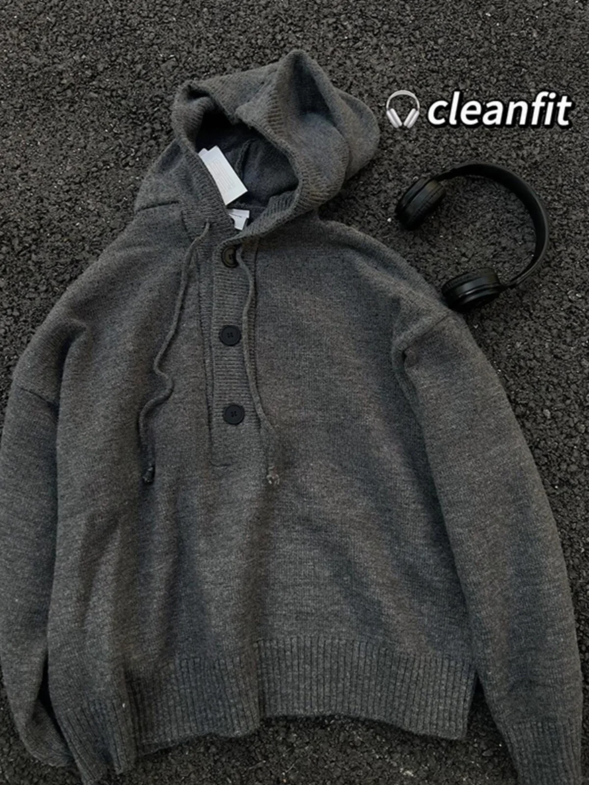 

American Retro ey Hoodie Men's Winter Loose Lazy High-End Knitted Sweater Cleanfit Jaet Polyester Fiber Long Sve Thi...