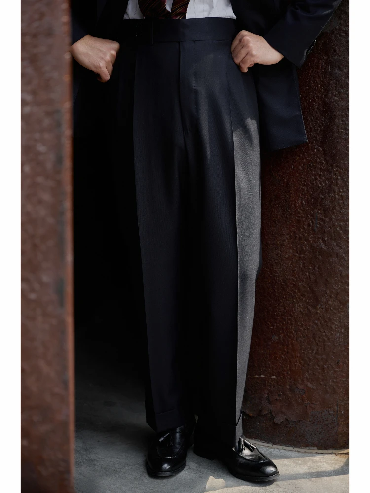 

High Waist Wool Silk Paris Button Double Pleat UGENTLE Men's Busin Casual Straight Leg Trousers Spring Summer Faion