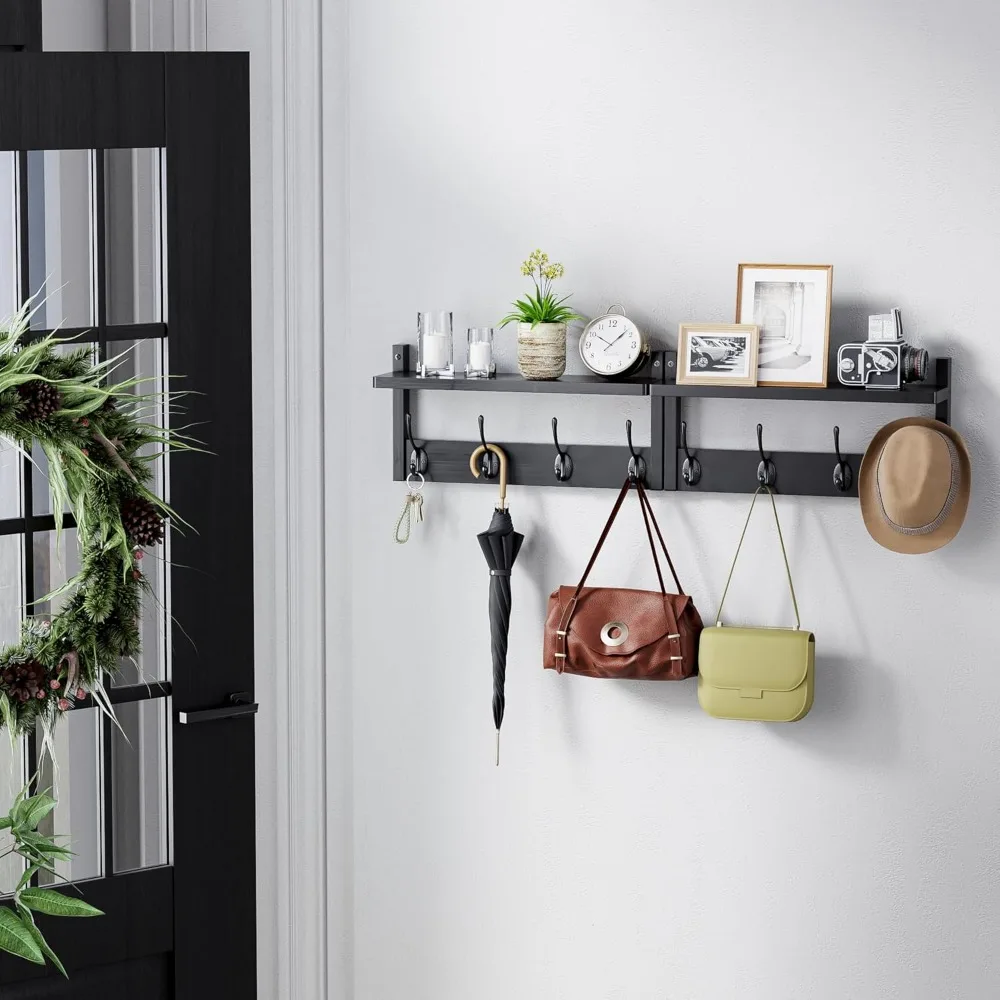 رف معطف مثبت على الحائط من الخيزران مع رف و8 خطافات لتنظيم المنزل