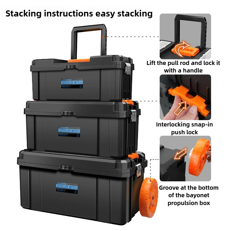 Stacked Pull Rod Toolbox Large Capacity Storage Case Movable Hardware Maintenance Portable Tools Organizer Tools Box with Wheels