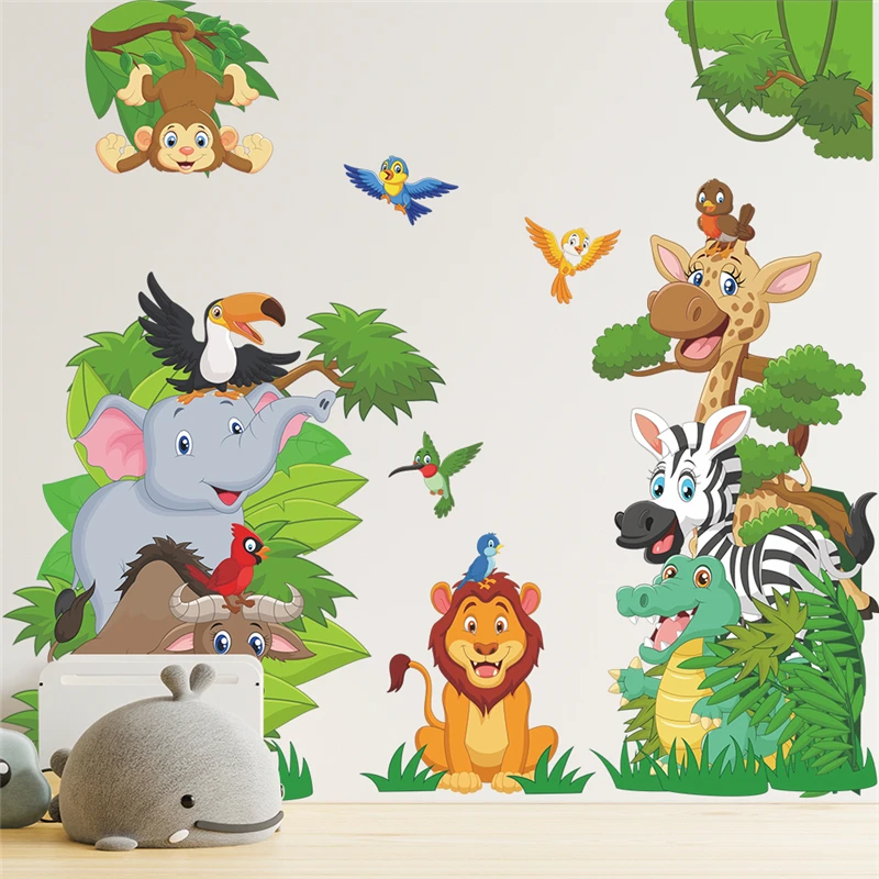 Lovely Animals Birds Jungle Party Wall Stickers For Kids Bedroom Decoration Diy Cartoon Safari Mural Art Home Decals Pvc Posters