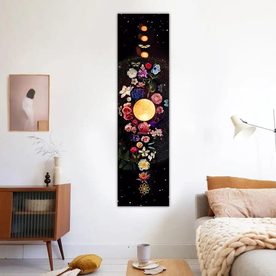1PC Moon Phase Starry Sky Tapestry Wall Hanging Black Moon Flower Star Vintage Throw Blanket Home Decor Bohemian Dormitory Home