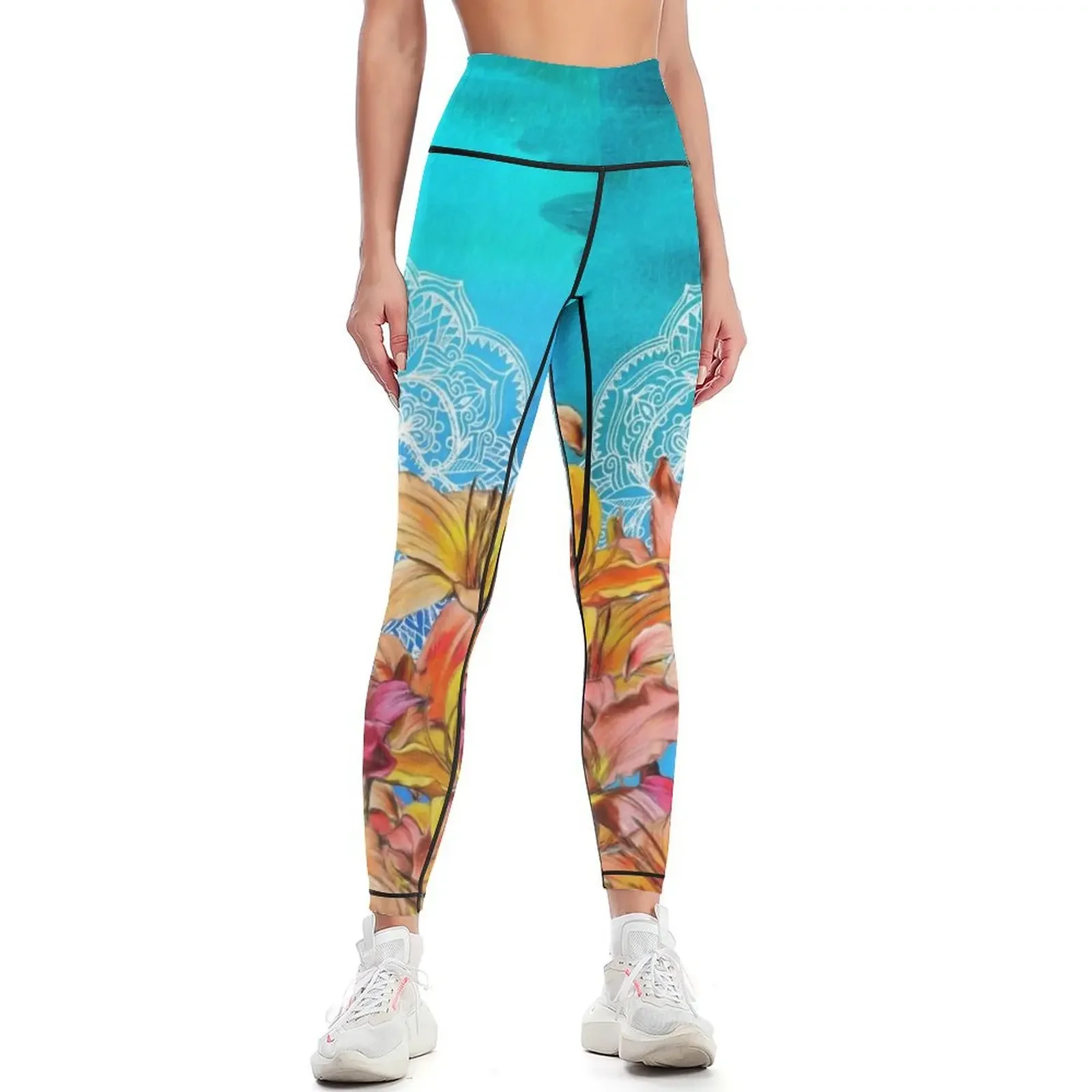 

Orange Lilies & White Mandala on Blue Leggings Legging sexy woman Leginsy push up sports for gym Women's pants Womens Leggings