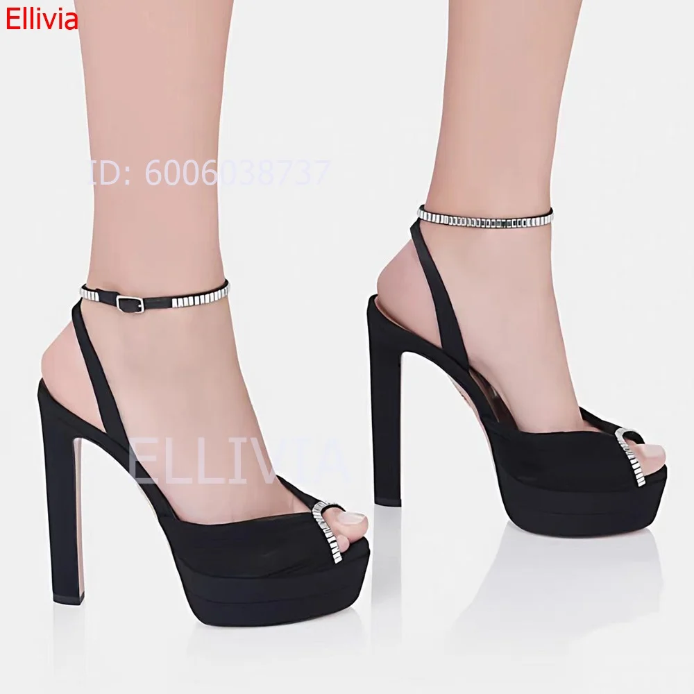 Women Peep Toe Platform Sandals Rhinestone Ankle Strap Block High Heels Transparent Mesh Upper Fashion Dress Pumps Wedding