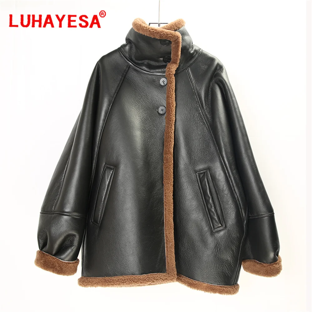 2024 Women Daily Casual Australia Merino Sheepskin Shearling Fur Coat Medium Long Real Fur Genuine Leather Winter Fur Jacket