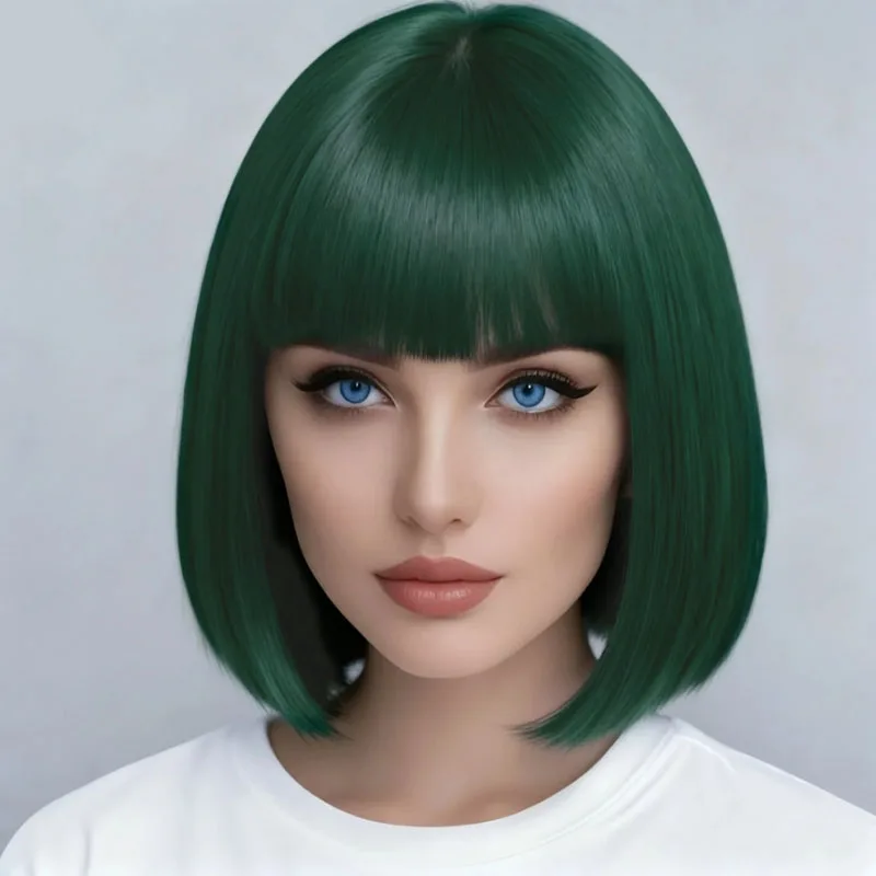 

12-дюймовый темно-зеленый синтетический парик с натуральными прямыми волосами и челкой, гладкий и удобный для поддержания, подходит для женщин