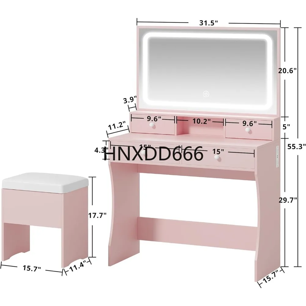 

Vanity Desk with Mirror and Lights, Drawer Makeup Vanities Charging Station Storage Bench