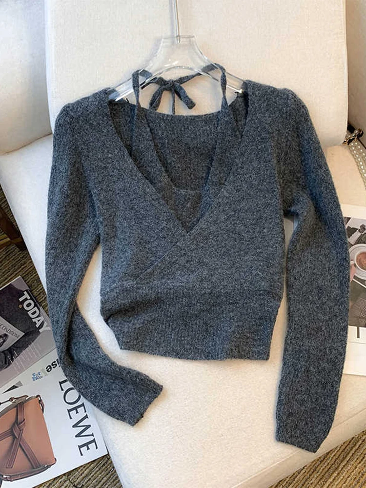 Women's Grey Pullover Sweater Harajuku Korean 90s Y2k Long Sleeves V-Neck Jumper Knit Sweaters Vintage 2000s Clothes Autumn 2024