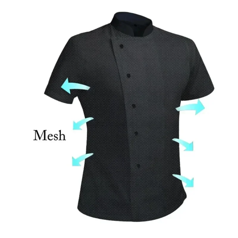 Nuevo 360 ° Chaqueta de Chef de malla transpirable para hombre y mujer, camisa de cocina de manga corta, Tops de trabajo geniales, servicio de comida, traje de cocina blanco y negro