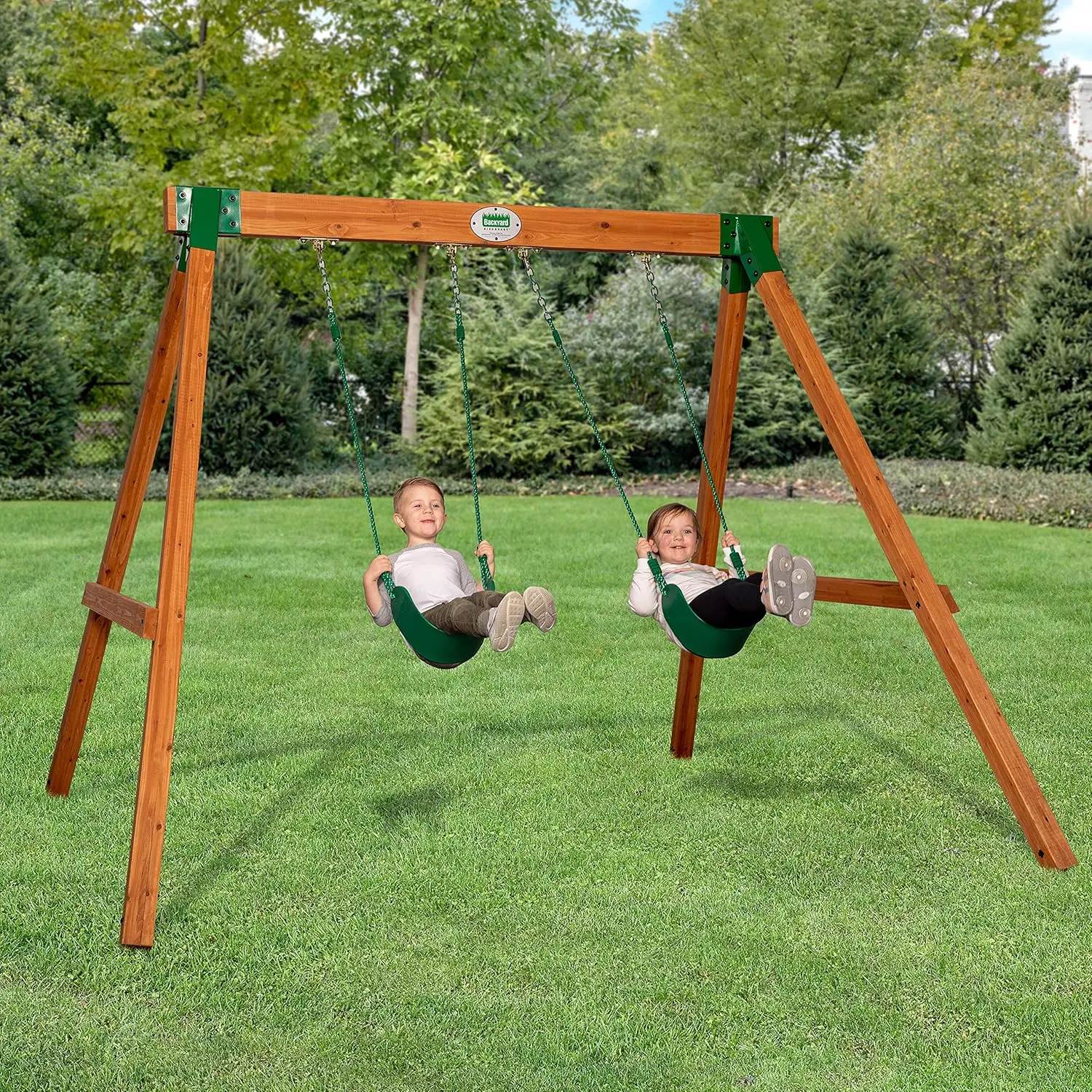 

Durango Cedar Wood Swing Set Kit with Classic A-Frame, Two Belt Swings, Pinch-Free Ropes, Easy Assembly, Heavy-Duty, Lumber and