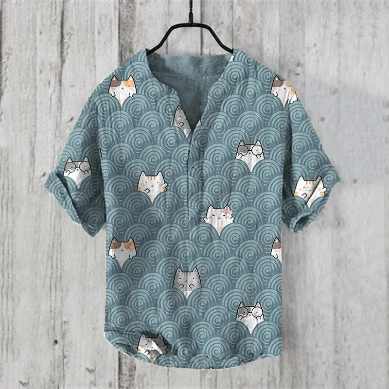 

Men's Cat Waves Print Casual Loose Shirt Fashion Short Sleeve V-neck Buttons Tops 2025 Summer Daily Breathable Comfortable Tunic