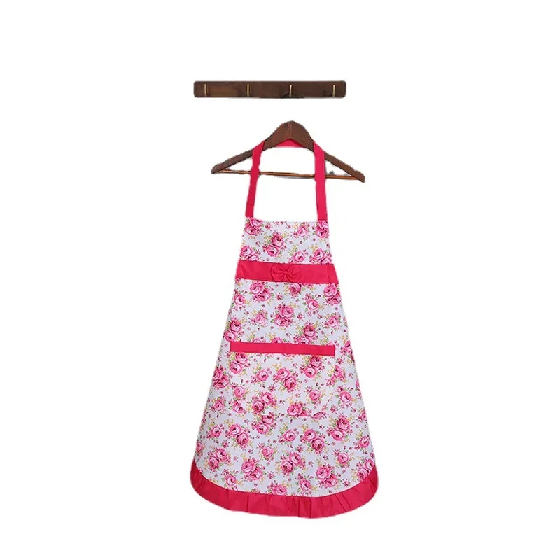 Oil-proof Cooking Apron for Women Adjustable Kitchen Cooking Coffee Shop Flower Printed Bowknot Cleaning Aprons with Pocket