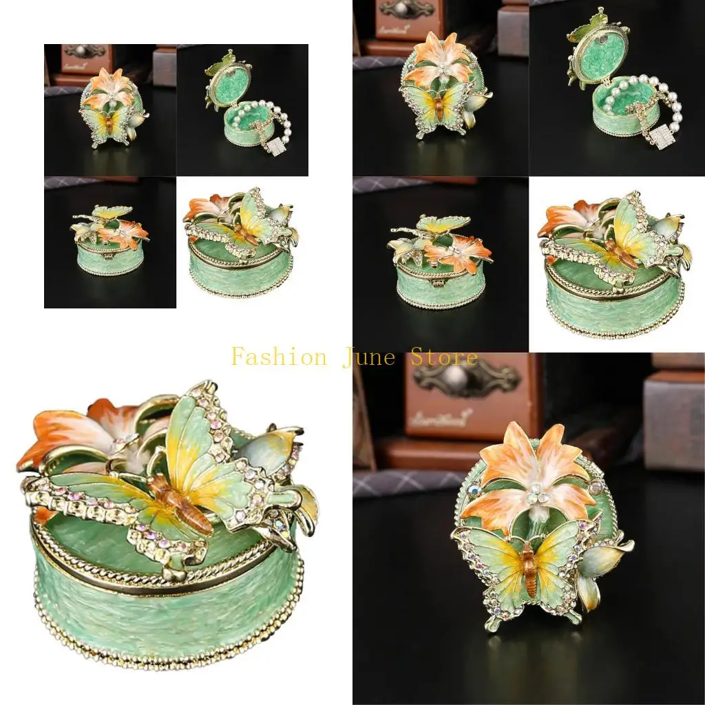 

N5KA Floral Butterfly Enamel Decorated Jewelry Case Stainless Steel Material Multi Section Storage For Jewelry Protections