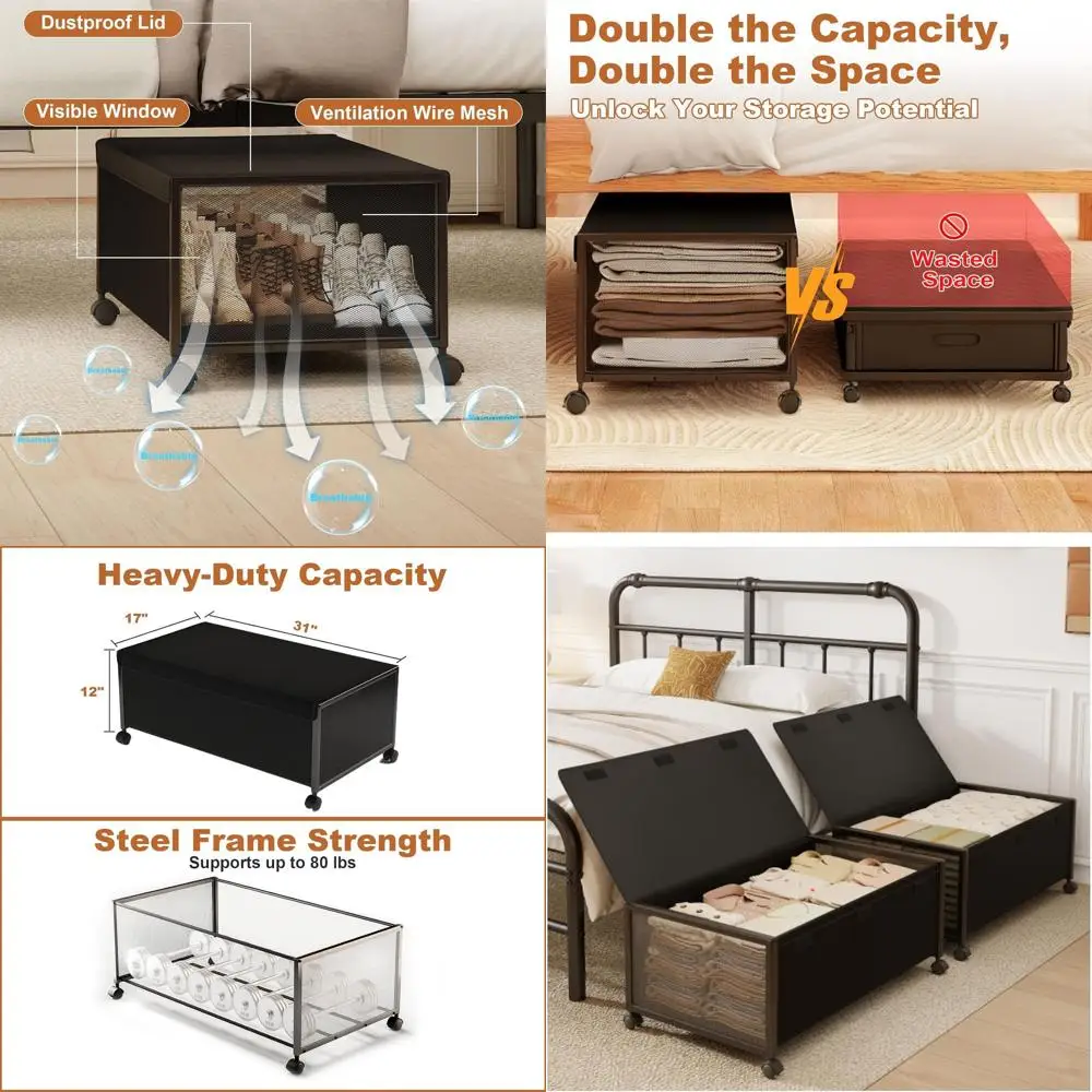 

Большой контейнер для хранения под кроватью на колесиках, 12H x 31L, органайзер для обуви и одежды, черный