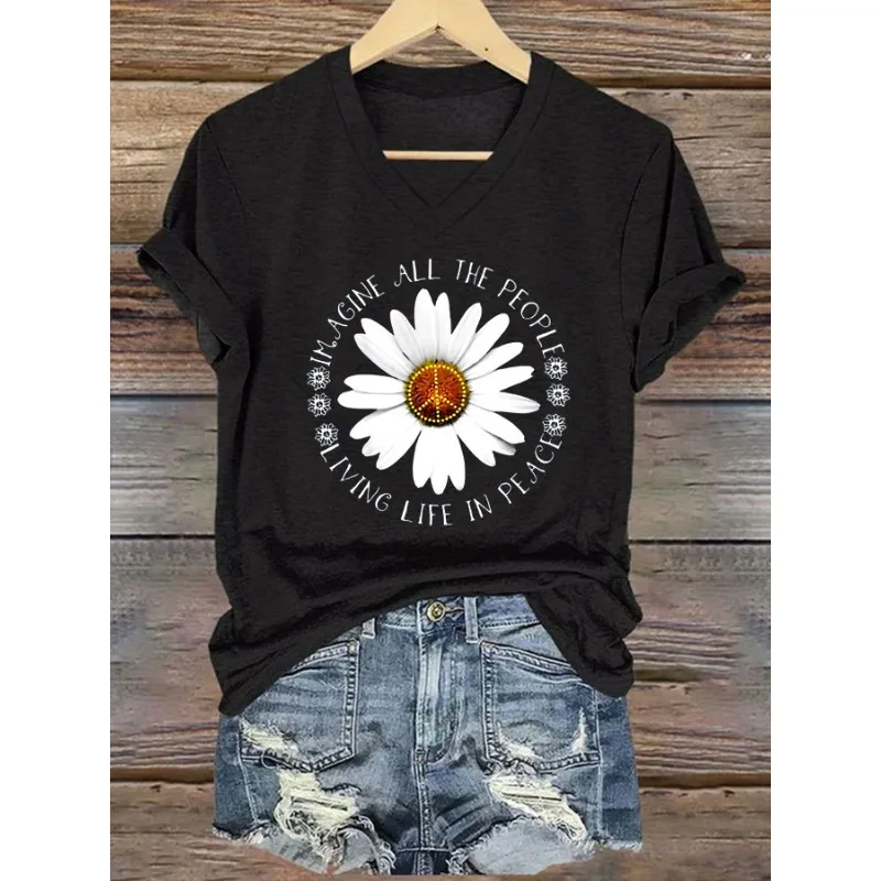 ilstile Women's Imagine All The Peoples Living Life In Peace Print T-Shirts Summer Short Sleeve V Neck Tops Casual Hippie Tees