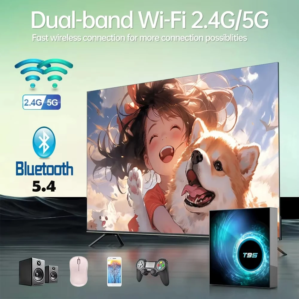 صندوق التلفزيون الذكي Android 14 T95 6K Allwinnerh616 مشغل الوسائط المزدوج واي فاي بلوتوث 5.4 مع جهاز التحكم عن بعد دعم Google Voice Set Top Box #4