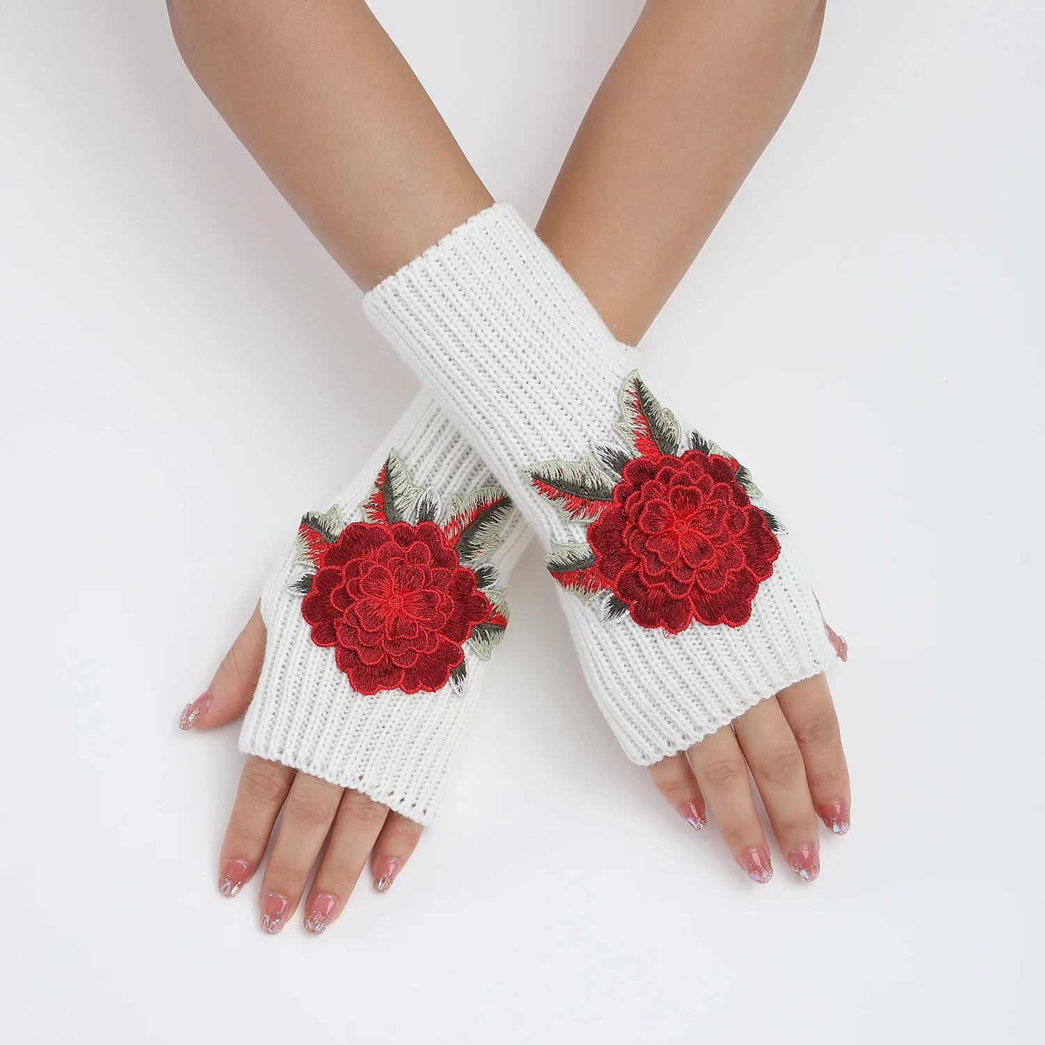 New Autumn Winter Women\'s Knitted Woolen Sleeve Fingerless Embroidery Gloves Stylish Warm Short Wrist Bracelet Flower Gloves