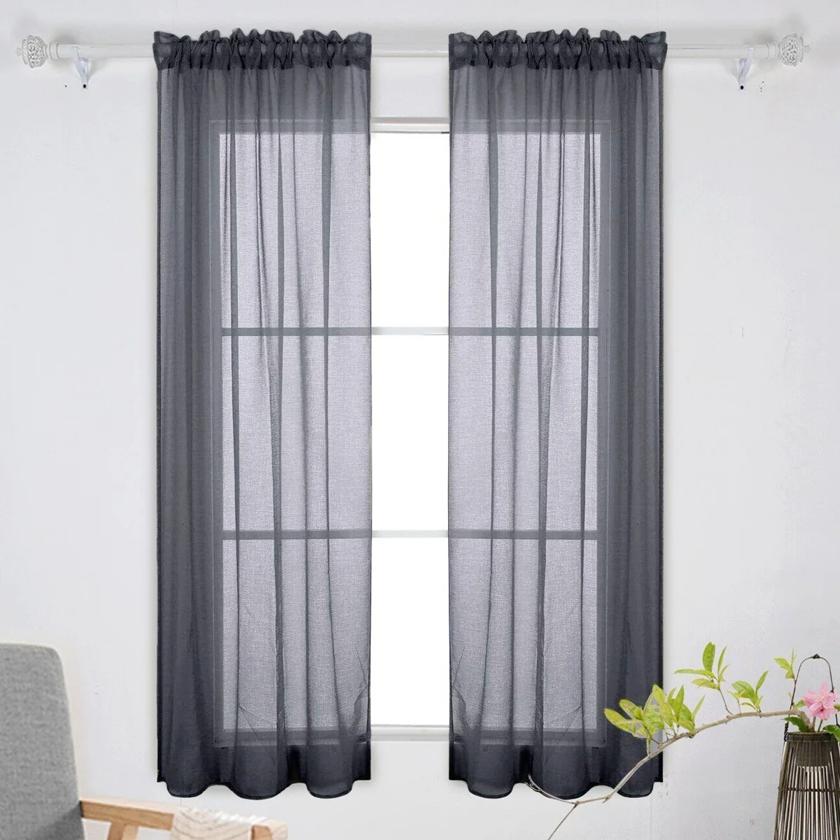 

2 Pcs Sheer Black Curtains and Valances Out Photo Backdrop Double Layer See Through for Bedroom Polyester Window