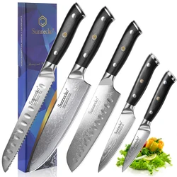 SUNNECKO Kitchen Cooking Knives Set Damascus Steel VG10 73 Layers 8'' Chef Bread 7'' Santoku 5'' Utility 3.5'' Paring Knifes