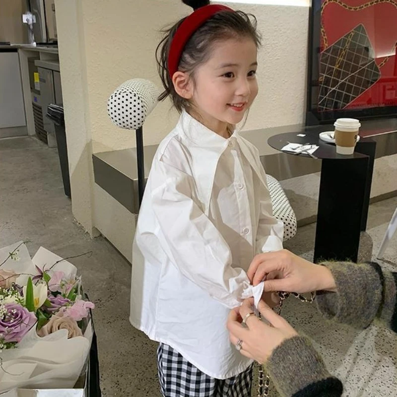 2026 Spring Girls Korean White Shirt Casual Chic Baby Fashion Top Trendy Versatile Kids Blouse Clothing