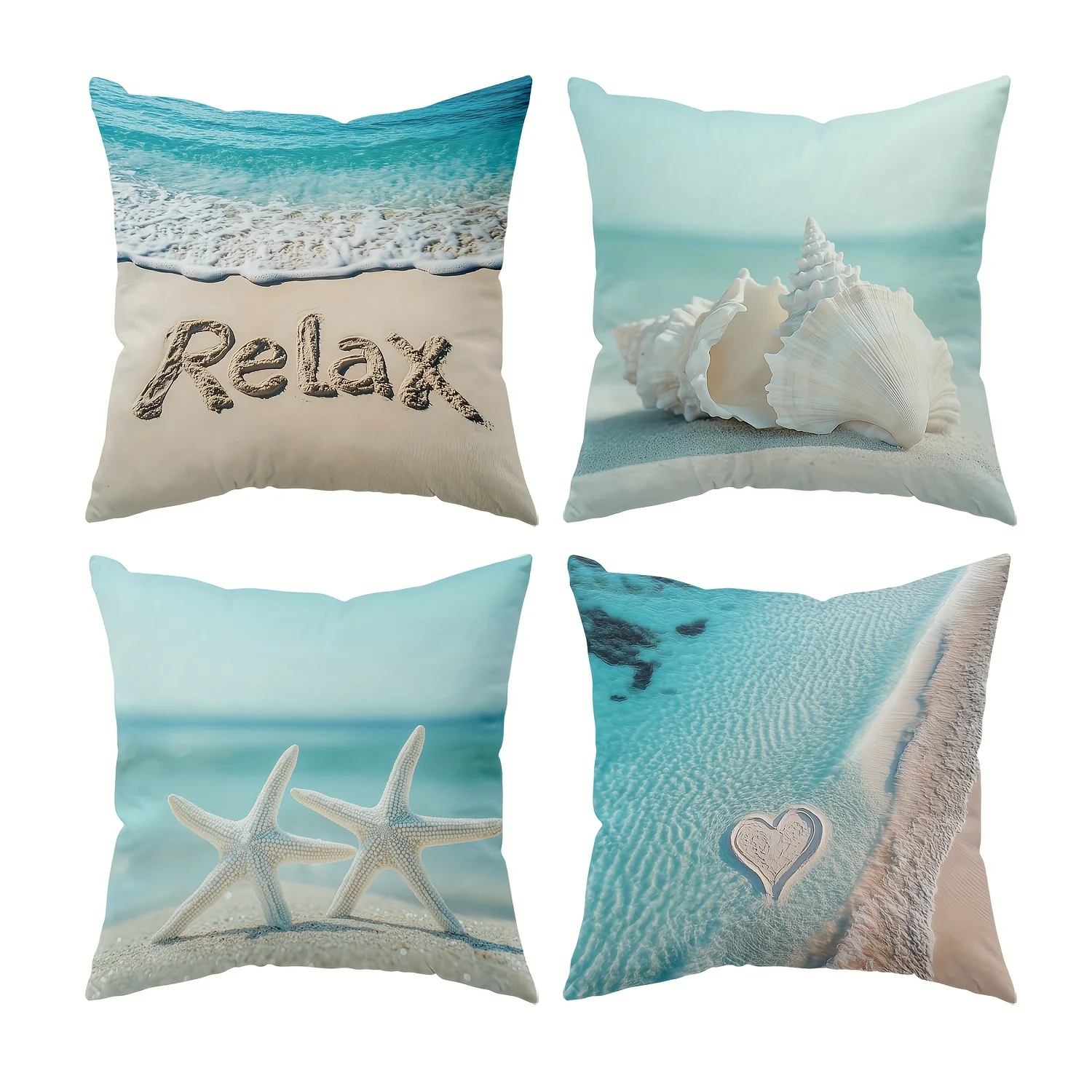4 ocean-themed pillowcases, modern style with shell, starfish, and heart patterns, machine washable,insert not included