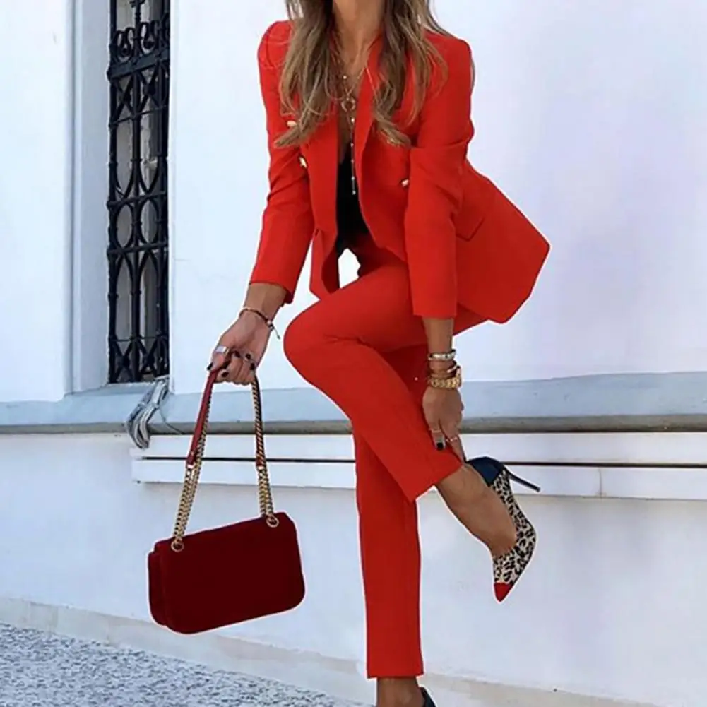 Vrouwen Pak Set Enkele Breasted Jasje Formele Broek Nep Klepzakken Tweedelige Revers Knoppen Blazer Potlood Broek Bruiloft