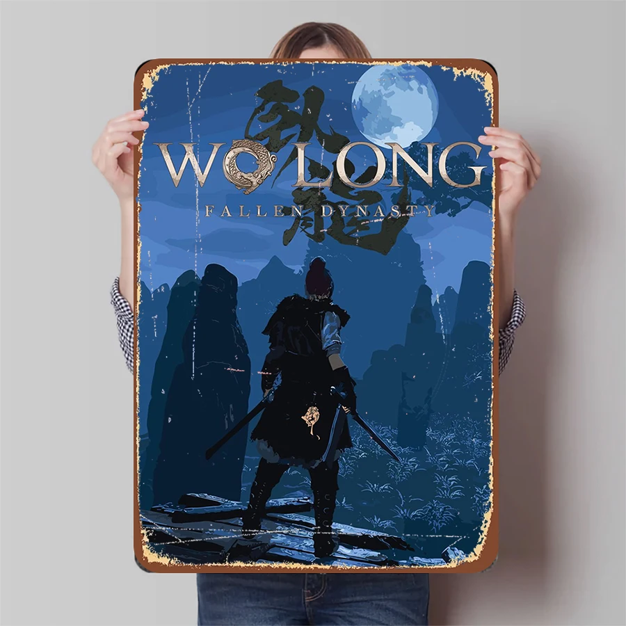 Wolong Fallen Dynasty Poster Samurai Warrior Moonlight Landscape Metal Wall Art Decor for Game Room Home Decoration