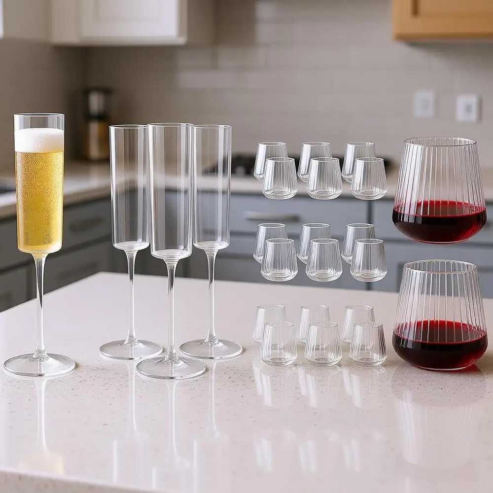 

Набор из 12 пластиковых бокалов для шампанского и 30 пластиковых рифленых бокалов для вина для Дня благодарения, вечеринок, свадеб, отдыха у бассейна, тостов.