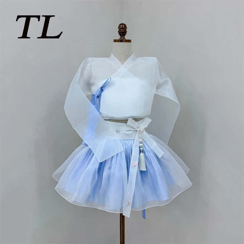 TL Blue Korean Hanbok Mini Evening Dress ドレスです 3 Piece Party Dress Elegant Wedding Guest Dress Customized 드레스