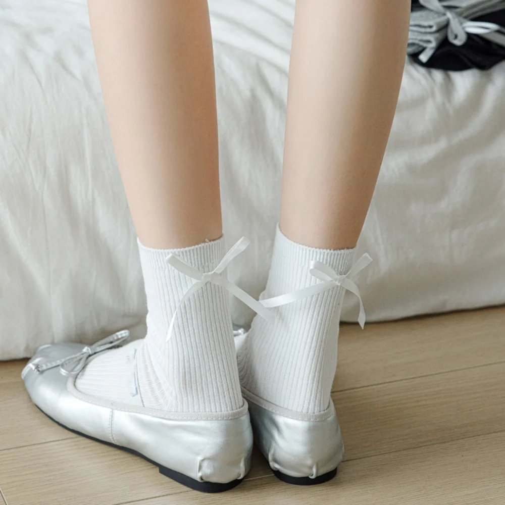 1 Pair Solid Color Bowknot Cotton Socks Cute Lolita Style Breathable Ballet Bow Socks Preppy Style Retro School