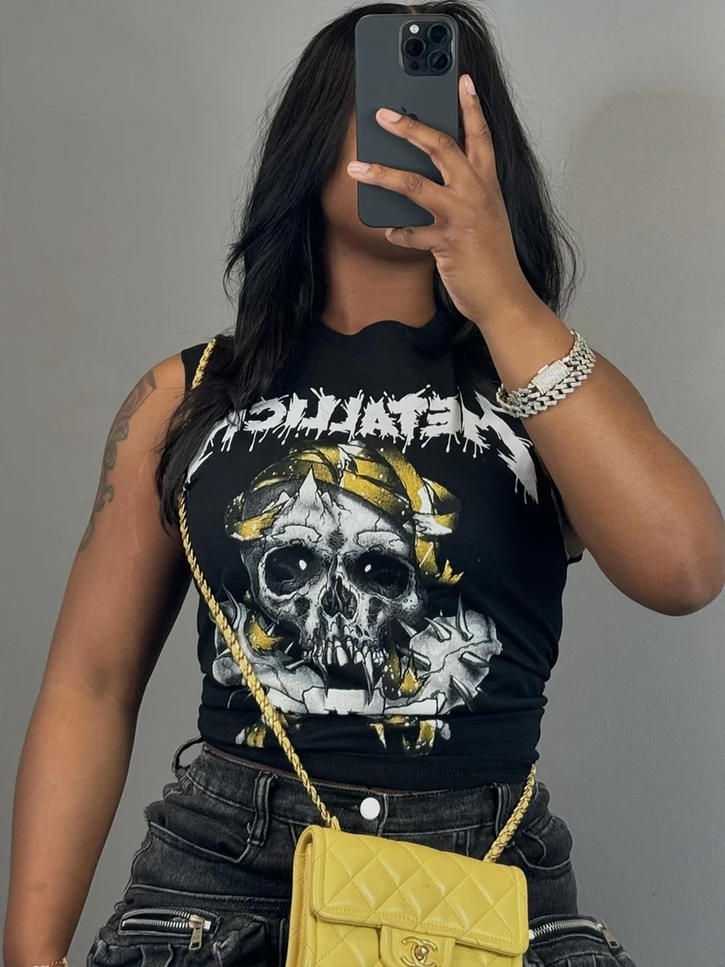 STYLISH LADY Casual Letter Fun Printed T Shirts 2025 Summer Women Sleeveless O Neck Black Casual Loose Hip Hop High Street Tops