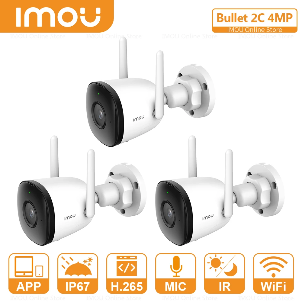 IMOU 3pcs Bullet 2C 4MP IP Cameras Wifi IP Camera Outdoor Wireless IP67 Built-in Mic Security Camera Built- in Hotspot Camera