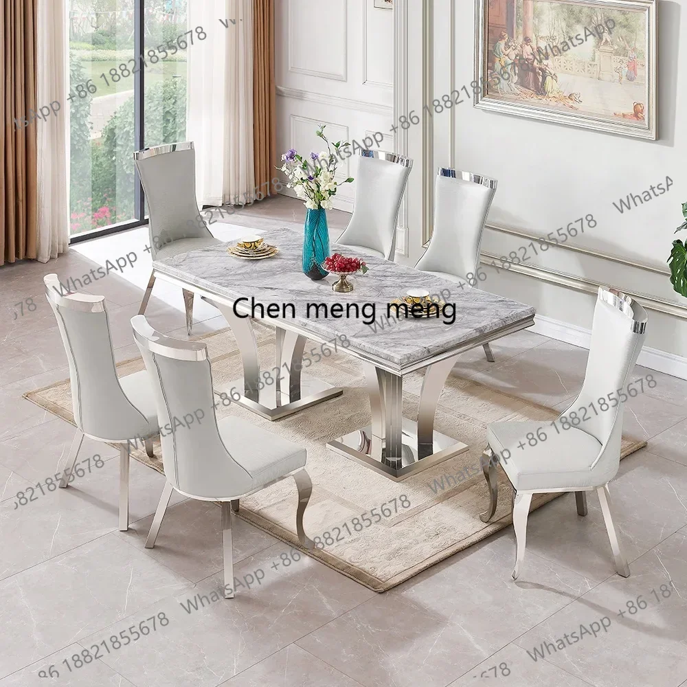 

China Dining room furniture marble dining table set rectangle silver stainless steel base dining tables
