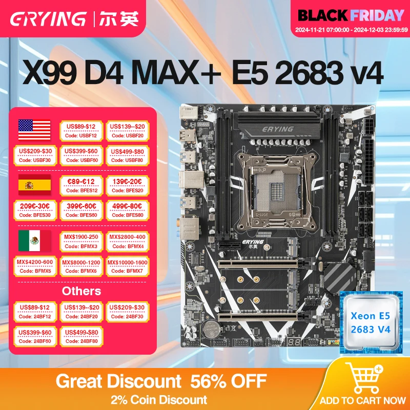 ERYING X99 D4 MAX LGA2011-3 placa mae Kit XEON X99 Dual Completo Motherboard with E5 2683 v4 CPU Processor Combo Kit Set