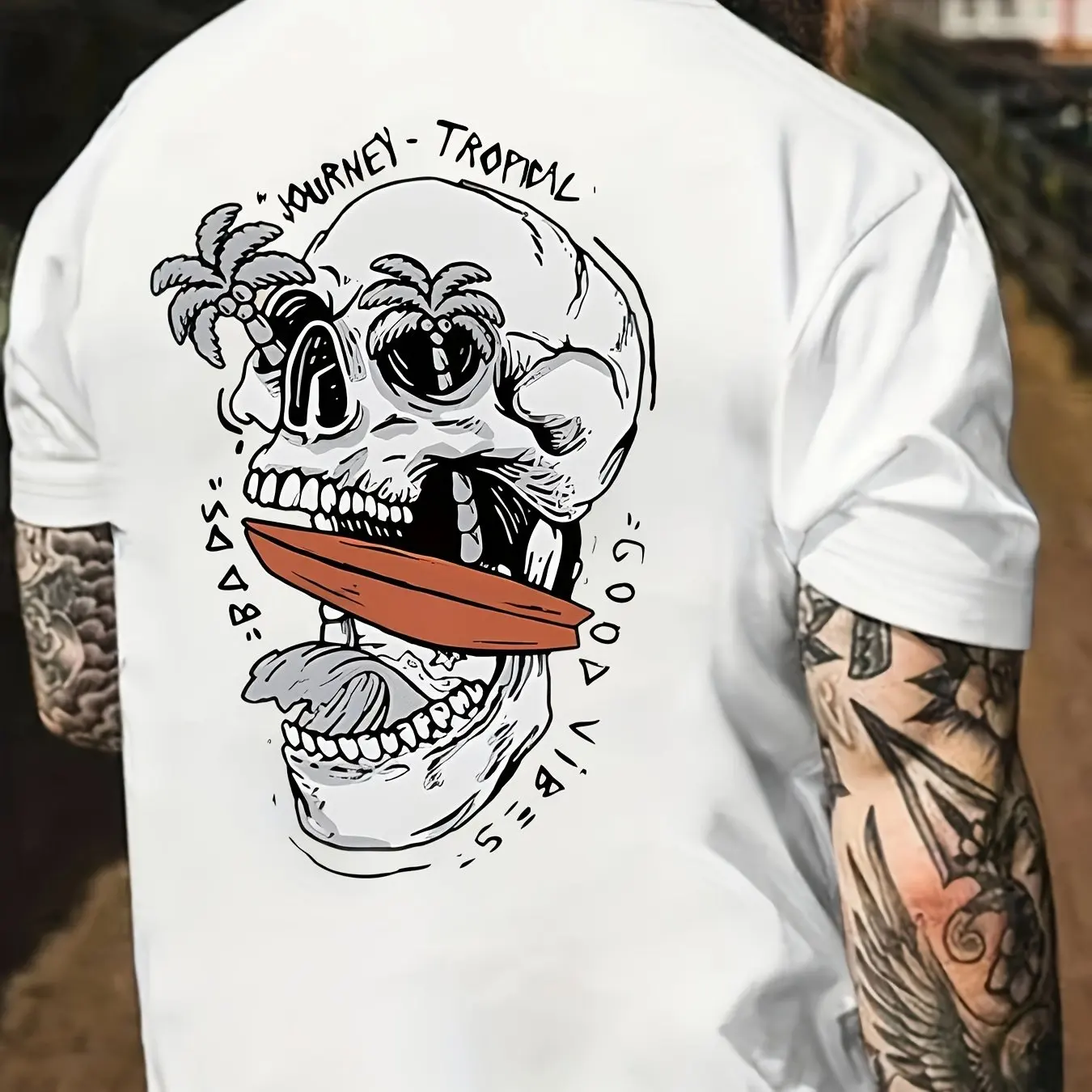 

Men's Cotton Retro Simple Tropical Skull and Palm Tree Print Soft Comfortable Street Hip Hop Everyday Short Sleeve Round Collar