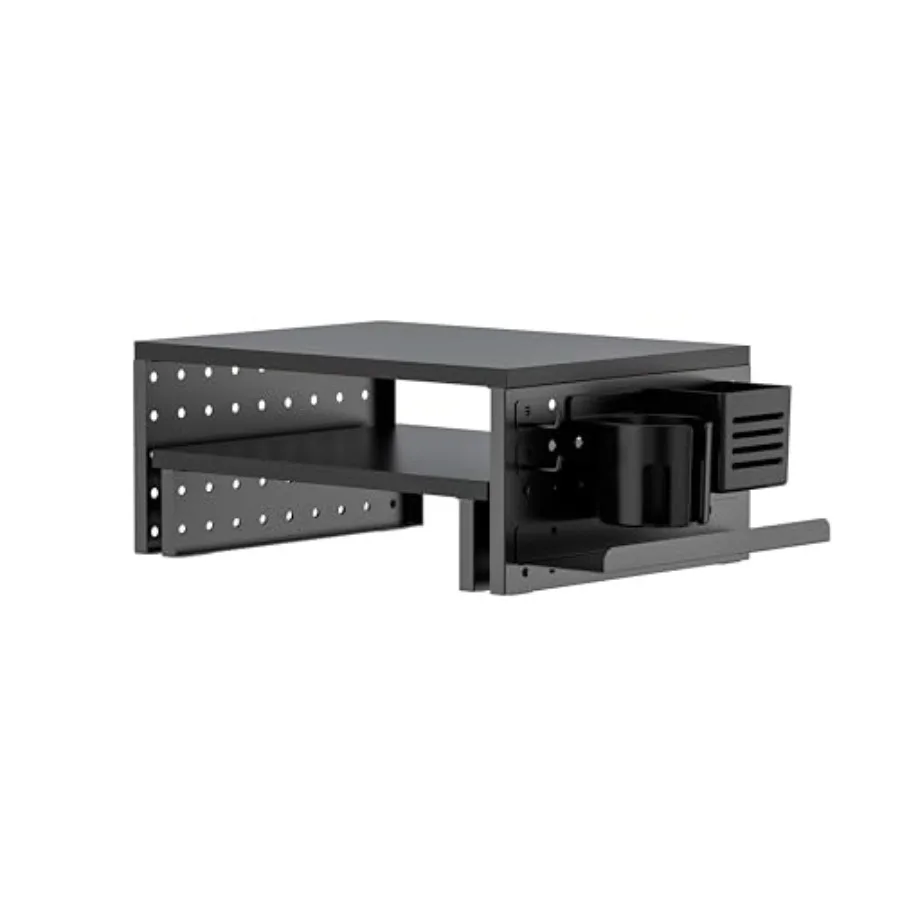 Pegboard Dual Monitor/Laptop Stand for home office use, black MDF and metal, ergonomic dual-platform design with included acces