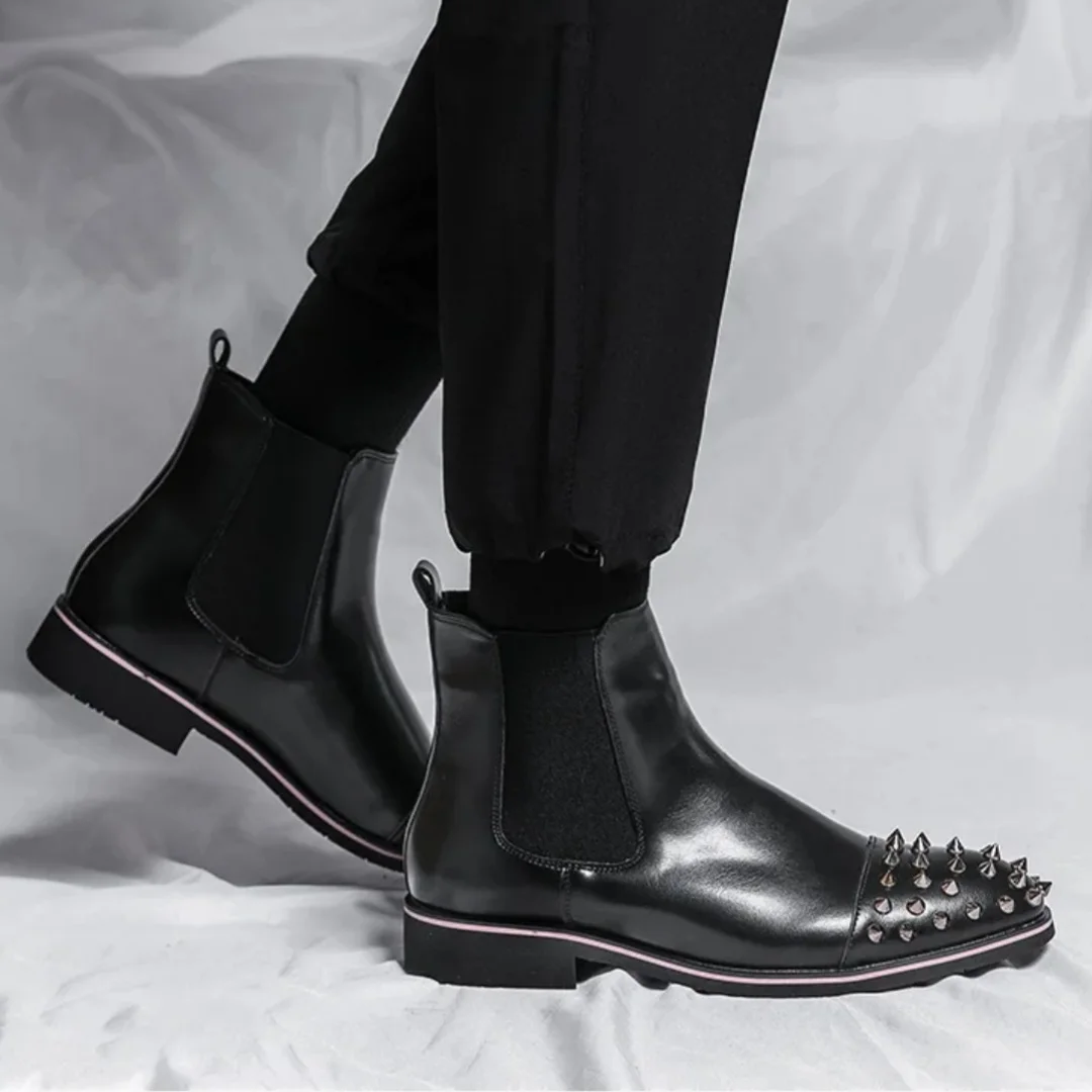 

Trendy Youth Botas Male 38-48 Large Size Mature Rivet Red Sewing Mid-Cut Boots Retro Chelsea Boots Men's Round Toe Leather Shoes