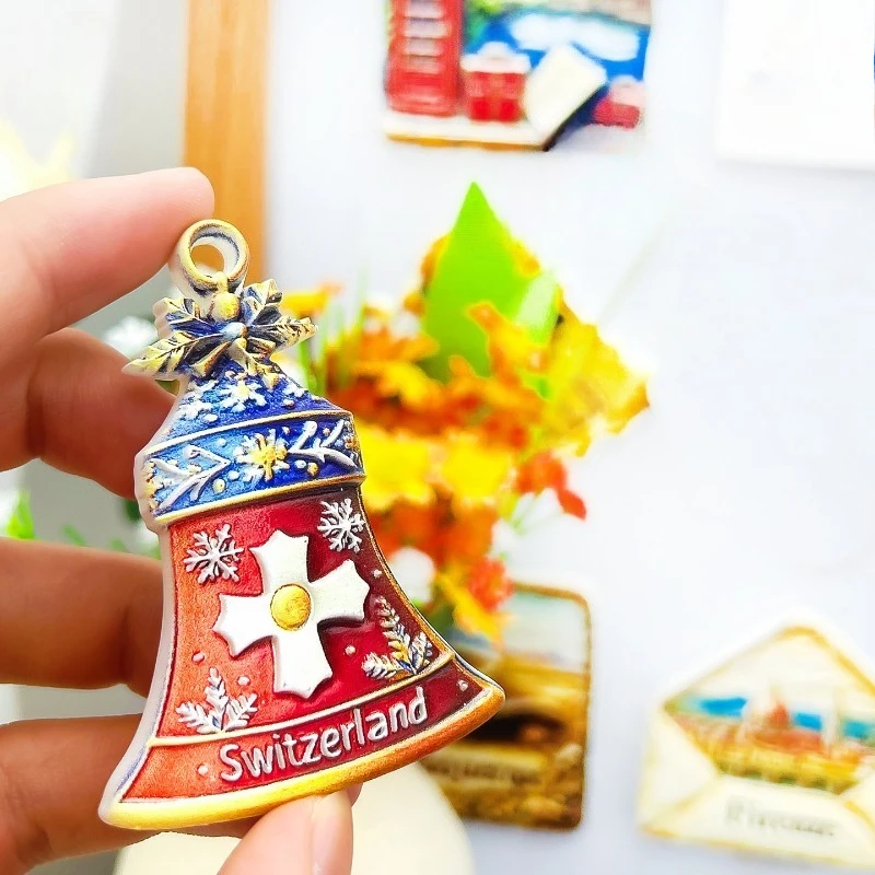 Swiss Christmas Fridge Magnet - Charming 3D Bell, Snowflake & Cross Unique Holiday Souvenir for Travel & Festive Home Decor