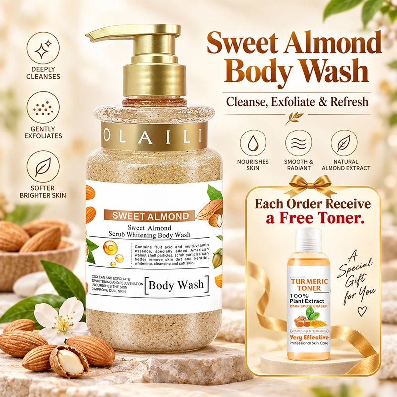 500ml Sweet Almond Body Scrub Shower Gel Exfoliating Moisturizing Body Wash Gentle Dead Skin Remover Nourishing Smoothing Cleanser for All Skin Types Daily Body Care Bath Shower