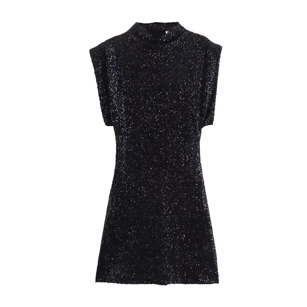 新しいファッションスパンコールミニドレス女性のためのエレガントな O ネックフライスリーブ光沢のあるショートドレス女性シックなクラブイブニングパーティー Vestidos