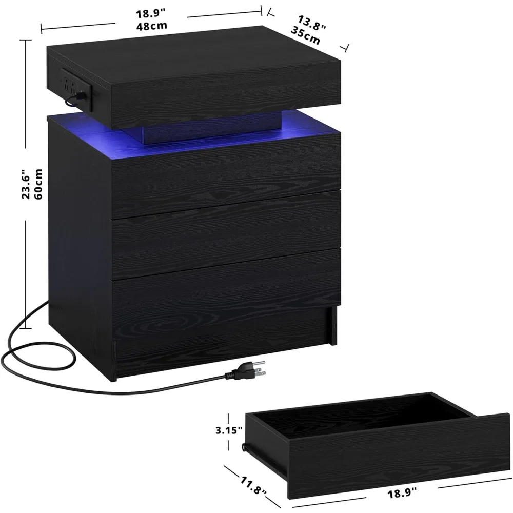 Nightstand with Charging Station, Modern Black Nightstand with LED Light and 3 Drawers, Bedside Tables/End Table for Bedroom