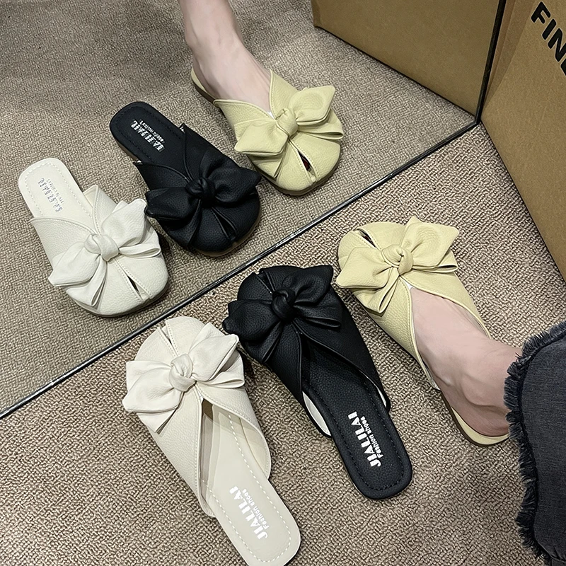 Sweet Women Slippers Slides Daily Square Low Heels Shoes for Women Solid Pointed Toe Butterfly Knot Summer Slippers Plus Size