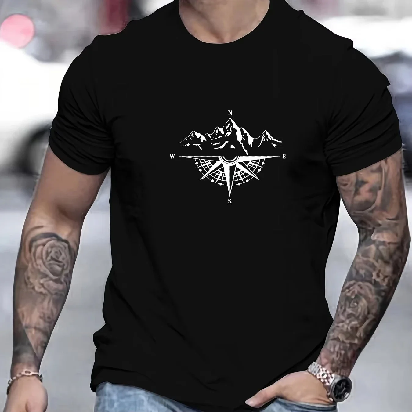 Modisches Neues 3D-Kompass-Muster Bedrucktes Herren-T-Shirt Sommer Lässiger Rundhals Kurzarm-Oberteil Trendige Straßenmode für Männer