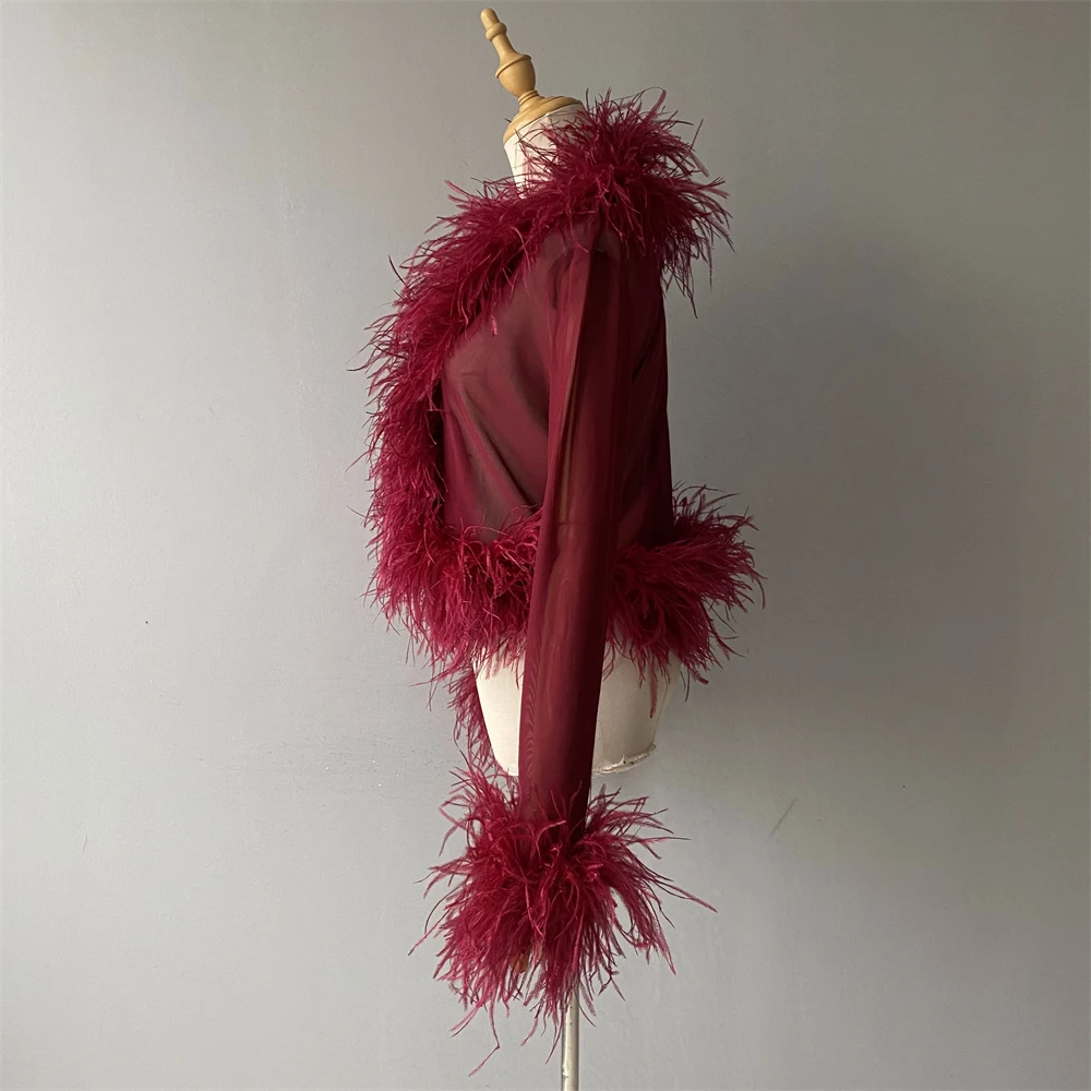 Jxwatcher Women's Sexy Mesh Feather Tops Spring Summer Ladies Vintage Celebrity Real Ostrich Feather Coat Fashion Party Wear New