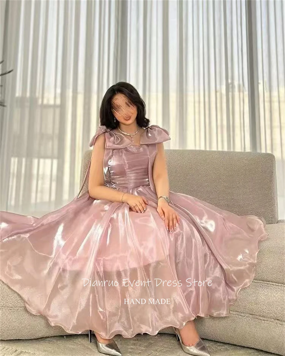 Dianruo الأورجانزا السباغيتي حزام فساتين لحضور الحفلات الموسيقية الوردي ألف خط القوس فساتين السهرة حمالة الطية أنيقة Abendkleider دبي مخصصة