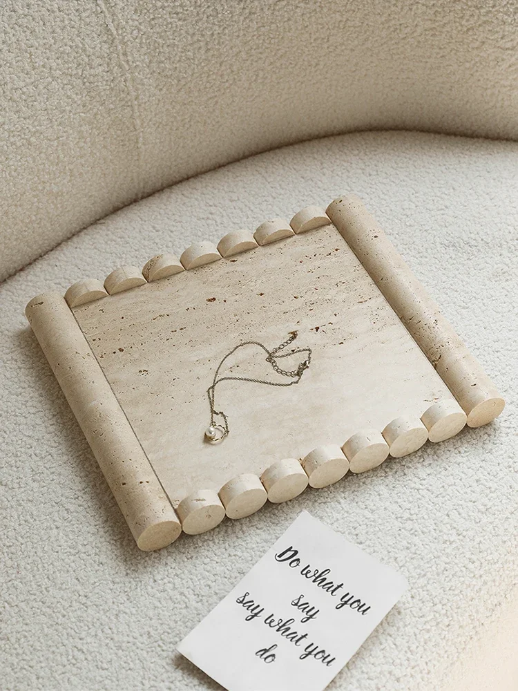 Beige Travertine Marble Tray Vintage Natural Stone Serving Tray Hotel Party Snack Fruit Candy Biscuit Cake Plate Jewelry Tray