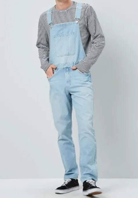 Overalls Ankle Length Jumpsuits One Piece Solid Men Denim Washed Spliced Rompers Straight Jeans Pockets Casual Mid Waist