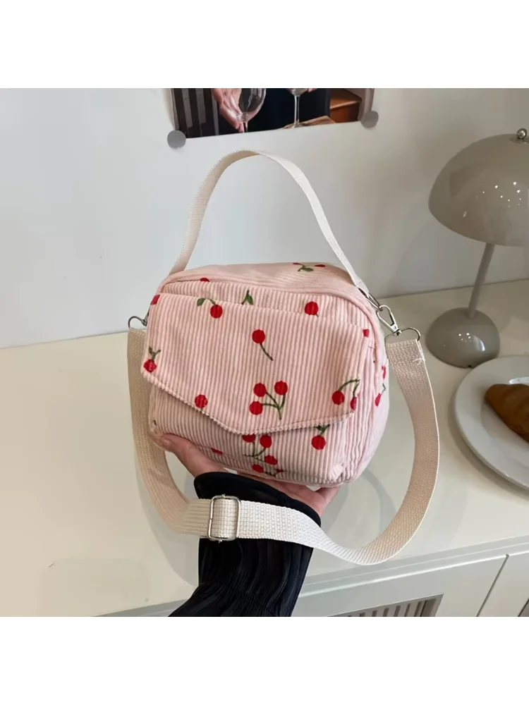 Cute Cherry Print Crossbody Bag, Versatile Corduroy Small Square Bag for Outings, Portable Handbag, Shoulder Bag