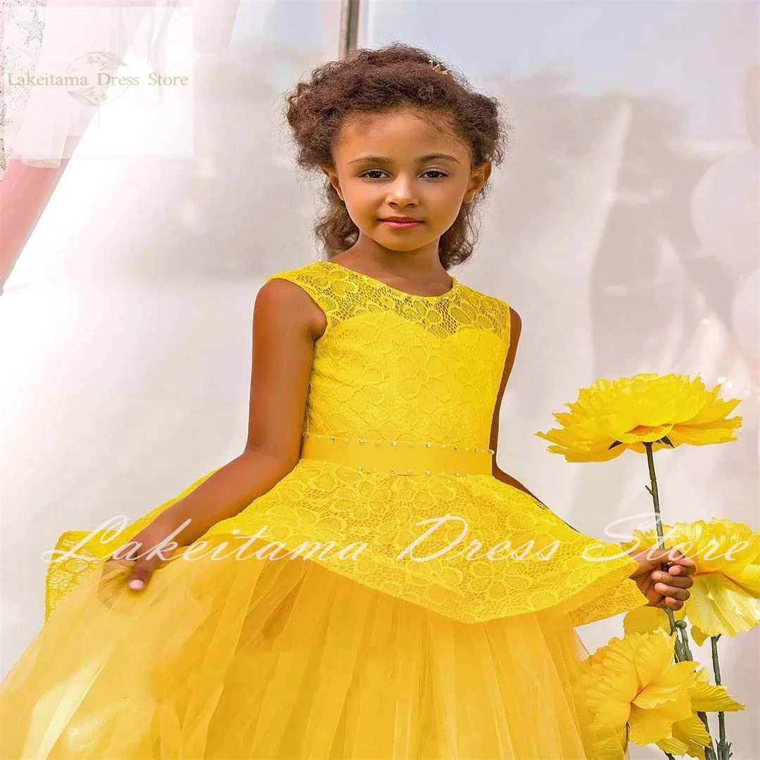 Yellow Tulle Puffy Flower Girl Dress for Wedding Sleeveless Applique Ruffles Kids First Communion Pageant Birthday Ball Gown