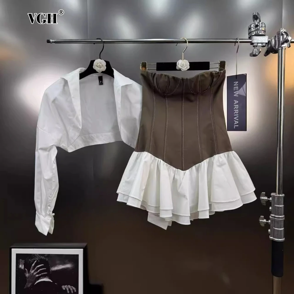 

VGH French Retro Two Piece Set for Women Strapless High Waist Backless Mini Dress with Short Shirts Sexy Hot Girl Suit Female